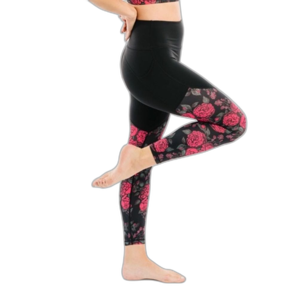 Zyia Active Women's Black Red Rose Print Pocket 7/8 Leggings Size M